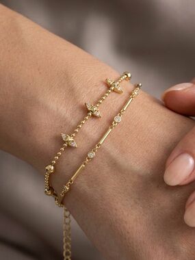 14K Gold Plated Bracelet Set 2pc Dainty Beaded & Bar Chains | Dainty Stackable
